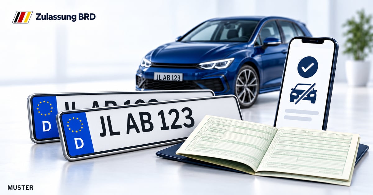 Online Abmeldung in Landkreis Jerichower Land: Musterkennzeichen JL AB 123, Fahrzeugschein und Smartphone. Illustration mit Logo von Zulassung BRD.