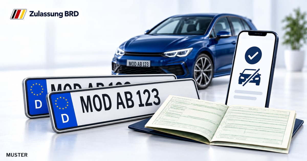 Online Abmeldung in Buchloe: Musterkennzeichen MOD AB 123, Fahrzeugschein und Smartphone. Illustration mit Logo von Zulassung BRD.
