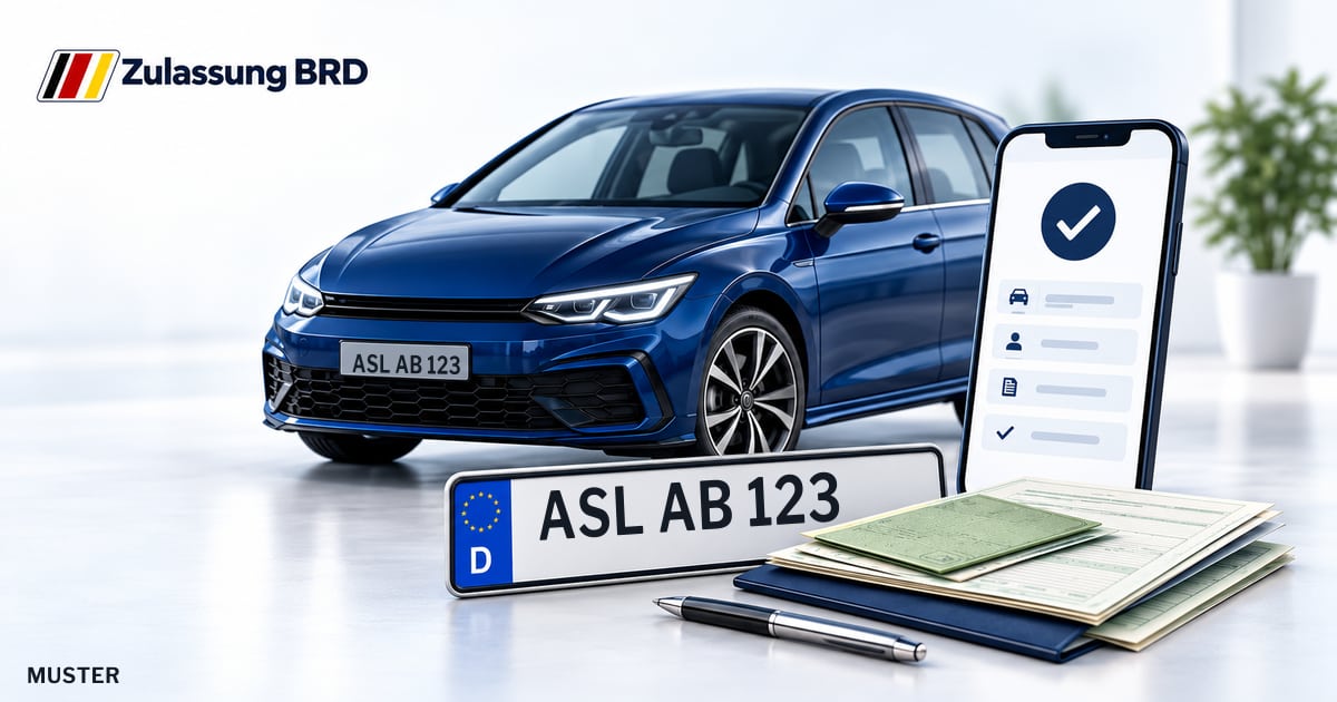 Online Fahrzeugzulassung in Schönebeck (Elbe): Musterkennzeichen ASL AB 123, Auto und Fahrzeugpapiere und Smartphone. Illustration mit Logo von Zulassung BRD.